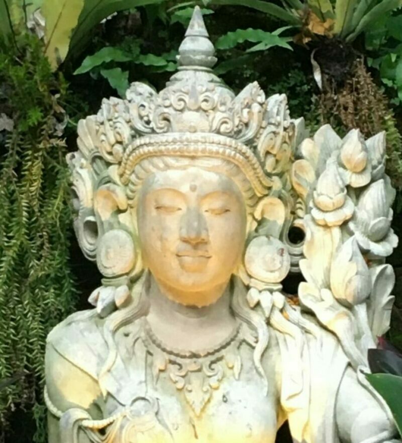 Hinduistische Gottheitsstatue im Garten vom Yoga Barn Ubud